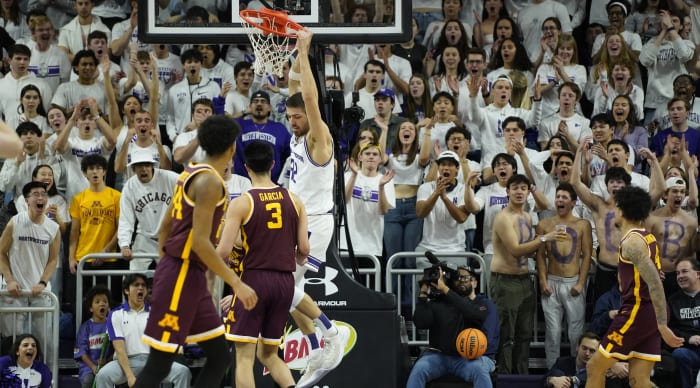 Mar 9, 2024; Evanston, Illinois, USA; Northwestern Wildcats forward Blake Preston (32) dunks the ball against the Minnesota Golden Gophers during the first half at Welsh-Ryan Arena.